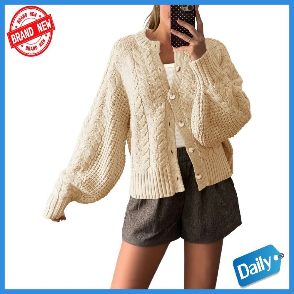 Cable Knit Cardigan Sweater Loose Fit Button Up Crew Neck Long Sleeve - Picture 1 of 8